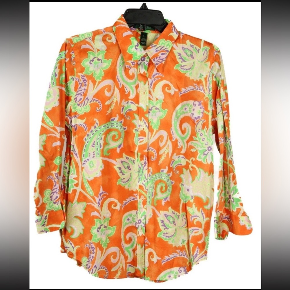 Lauren Ralph Lauren Shirt Women’s Large Orange Green Floral Button Up 3/4 Sleeve